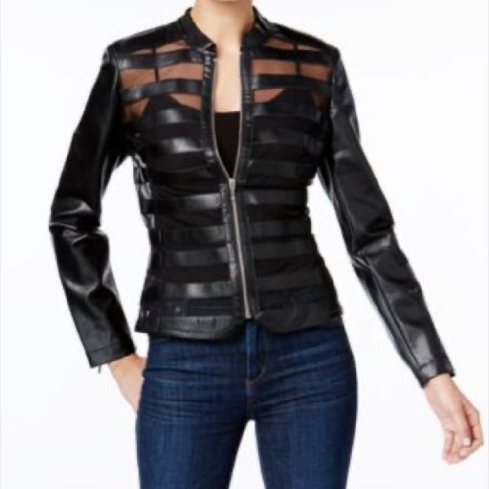INC INTERNATIONAL CONCEPTS Mesh and Faux Leather Striped Jacket, Size Petite M